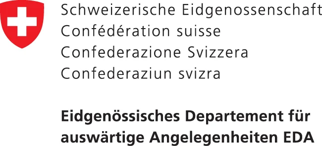 Schweizer Wappen und mehrsprachiger Text für das Eidgenössische Departement für auswärtige Angelegenheiten Unterstützung.