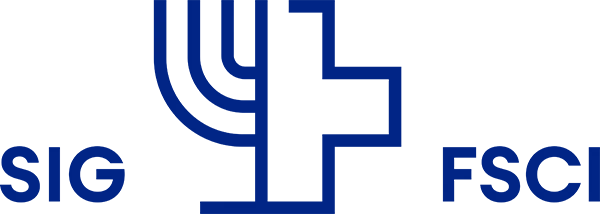 Blaue und weiße abstrakte geometrische Formen symbolisieren Unterstützung auf einem soliden blauen Hintergrund.